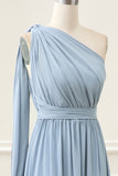 Convertible Chiffon Dusty Blue One Shoulder Floor Length Dress