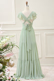 Matcha V Neck A Line Chiffon Floor Length Dress with Slit