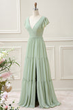 Matcha V Neck A Line Chiffon Floor Length Dress with Slit