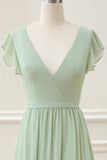 Matcha V Neck A Line Chiffon Floor Length Dress with Slit