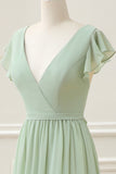 Matcha V Neck A Line Chiffon Floor Length Dress with Slit