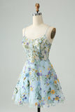 Elegant Blue Flower A Line Corset Mini Dress with Embroidery