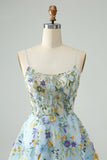 Elegant Blue Flower A Line Corset Mini Dress with Embroidery