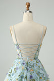 Elegant Blue Flower A Line Corset Mini Dress with Embroidery