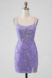 Sparkly Lilac Tight Sequins Appliques Mini Dress with Slit