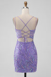 Sparkly Lilac Tight Sequins Appliques Mini Dress with Slit