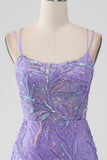 Sparkly Lilac Tight Sequins Appliques Mini Dress with Slit