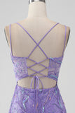 Sparkly Lilac Tight Sequins Appliques Mini Dress with Slit