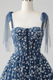 Navy A Line Spaghetti Straps Print Corset Mini Dress