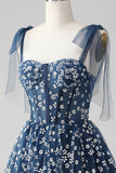 Navy A Line Spaghetti Straps Print Corset Mini Dress