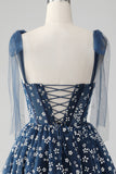 Navy A Line Spaghetti Straps Print Corset Mini Dress