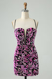 Sparkly Fuchsia Bodycon Spaghetti Straps Sequins Mini Dress