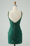 Dark Green Bodycon Spaghetti Straps Mini Dress with Appliques