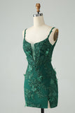 Dark Green Bodycon Spaghetti Straps Mini Dress with Appliques