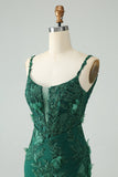 Dark Green Bodycon Spaghetti Straps Mini Dress with Appliques