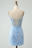 Sparkly Sky Blue Spaghetti Straps Beaded Mini Dress