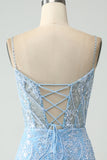 Sparkly Sky Blue Spaghetti Straps Beaded Mini Dress