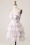 Lavender Flower A-Line Spaghetti Straps Tiered Pleated Mini Dress