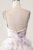 Lavender Flower A-Line Spaghetti Straps Tiered Pleated Mini Dress