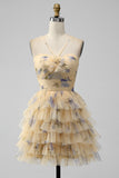 Yellow A Line Halter Tiered Tulle Mini Dress