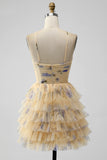 Yellow A Line Halter Tiered Tulle Mini Dress