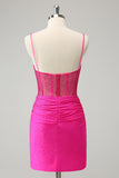 Fuchsia Bodycon Spaghetti Straps Ruched Mini Dress with Beading