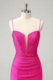 Fuchsia Bodycon Spaghetti Straps Ruched Mini Dress with Beading