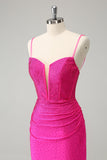 Fuchsia Bodycon Spaghetti Straps Ruched Mini Dress with Beading