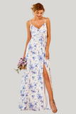 Spaghetti Straps Blue Floral Print A Line Maxi Dress