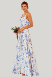 Spaghetti Straps Blue Floral Print A Line Floor Length Dress