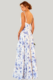 Spaghetti Straps Blue Floral Print A Line Maxi Dress