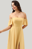 A Line Off the Shoulder Yellow Tea Length Dress with Slit