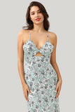 Grey Green Mermaid Floral Tea Length Dress