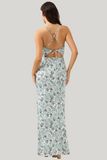 Grey Green Mermaid Floral Tea Length Dress