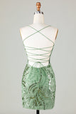 Sparkly Sheath Spaghetti Straps Green Mini Dress with Criss Cross Back