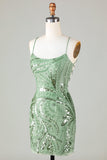 Sparkly Sheath Spaghetti Straps Green Mini Dress with Criss Cross Back