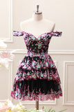 Black Pink A Line Sequined Corset Tiered Off the Shoulder Mini Dress