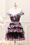 Black Pink A Line Sequined Corset Tiered Off the Shoulder Mini Dress