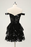 Black Pink A Line Sequined Corset Tiered Off the Shoulder Mini Dress