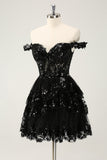 Black Pink A Line Sequined Corset Tiered Off the Shoulder Mini Dress