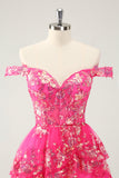 Black Pink A Line Sequined Corset Tiered Off the Shoulder Mini Dress