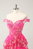 Black Pink A Line Sequined Corset Tiered Off the Shoulder Mini Dress