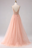 Blush A Line Tulle Spaghetti Straps Appliques Maxi Dress with Slit