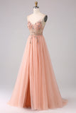 Blush A Line Tulle Spaghetti Straps Appliques Maxi Dress with Slit