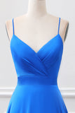 Royal Blue A Line Spaghetti Straps Satin Maxi Dress with Slit