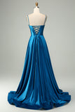 Sparkly Dark Blue A Line Satin Corset Maxi Dress with Beading
