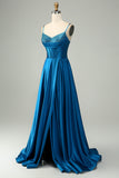 Sparkly Dark Blue A Line Satin Corset Maxi Dress with Beading