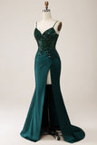 Sparkly Dark Green Mermaid Sequin Pleated Corset Maxi Dress with Slit