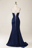 Navy Mermaid Spaghetti Straps Pleated Corset Maxi Dress with Slit