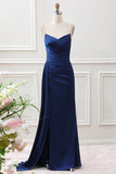 Navy Mermaid Spaghetti Straps Pleated Corset Maxi Dress With Slit